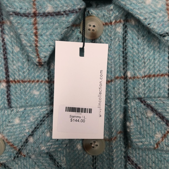NWT Greylin Sammy Puff Sleeve Shacket Powder Blue Check Print Size L Wool Blend - Picture 8 of 16